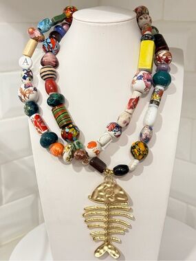 Handmade Multicolor Beaded Statement Necklace with Gold Fishbone Pendant